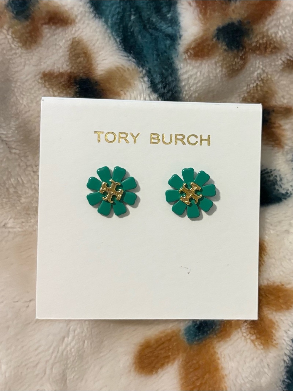 Tory Burch Gold & Emerald Green Flower Logo Stud Earrings
